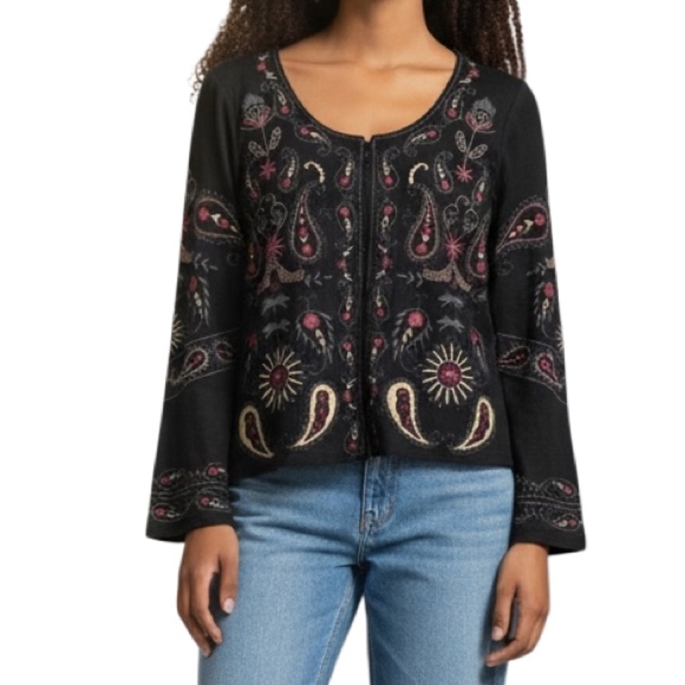 Monoreno Black Faux Suede Embroidered Open Front Jacket Small NWT